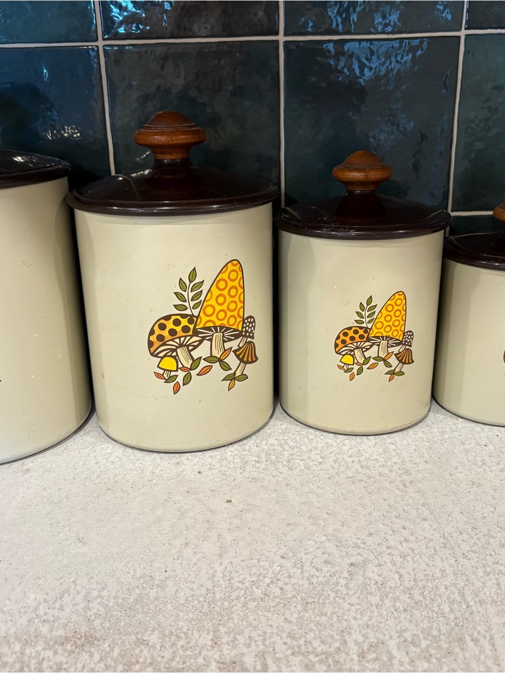 Vintage Cream Mushroom Canister with Brown Lid - Rustic Kitchen Storage